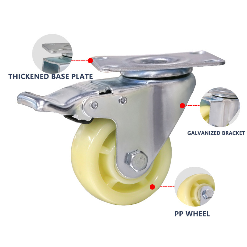 M12 flat bottom nylon universal wheel outdoor wear-resistant mechanical casters extended brake caster