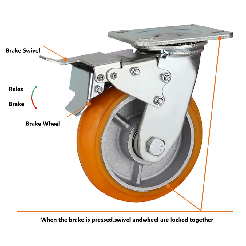 Trolley Swivel Plate Aluminium Core Medical Castor PU Wheel Metal Brake Large Load Capacity Movable Caster