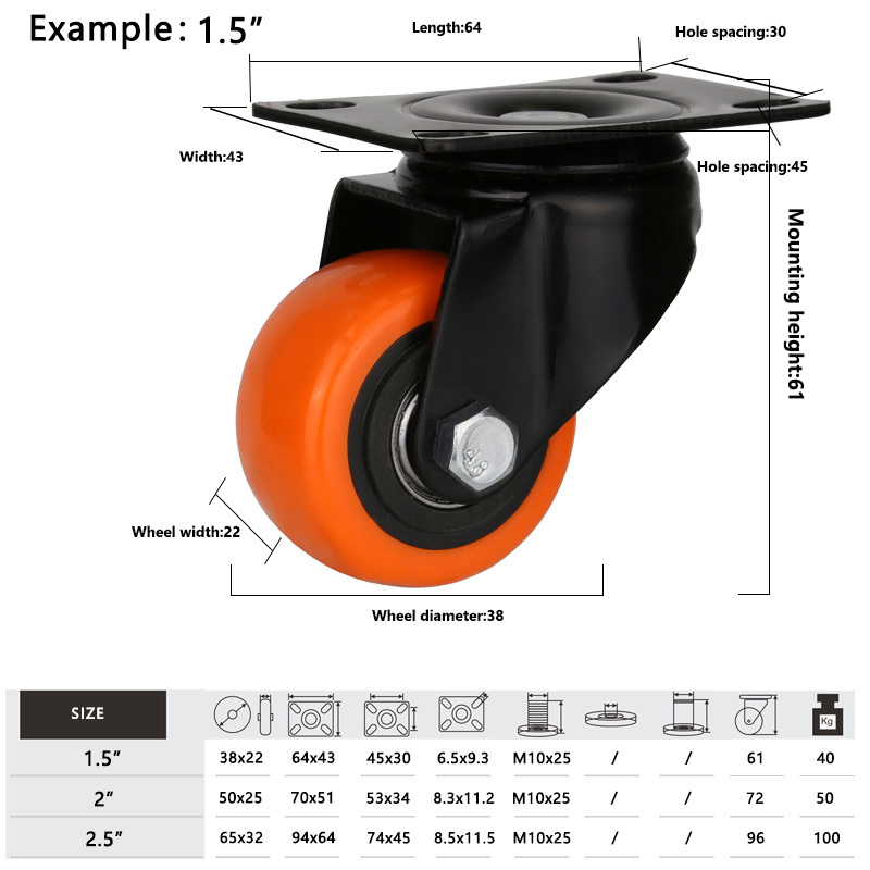 Rigid Mute Orange PU Bearing Universal Wheel Rotating Roller Workbench Brakes Black Core Light Duty Caster Wheels