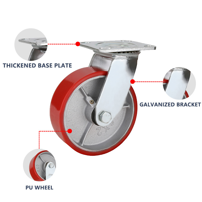 Iron Rigid Bearing High Quality Bracket Red PU Wheels Side Brake Heavy Duty Caster