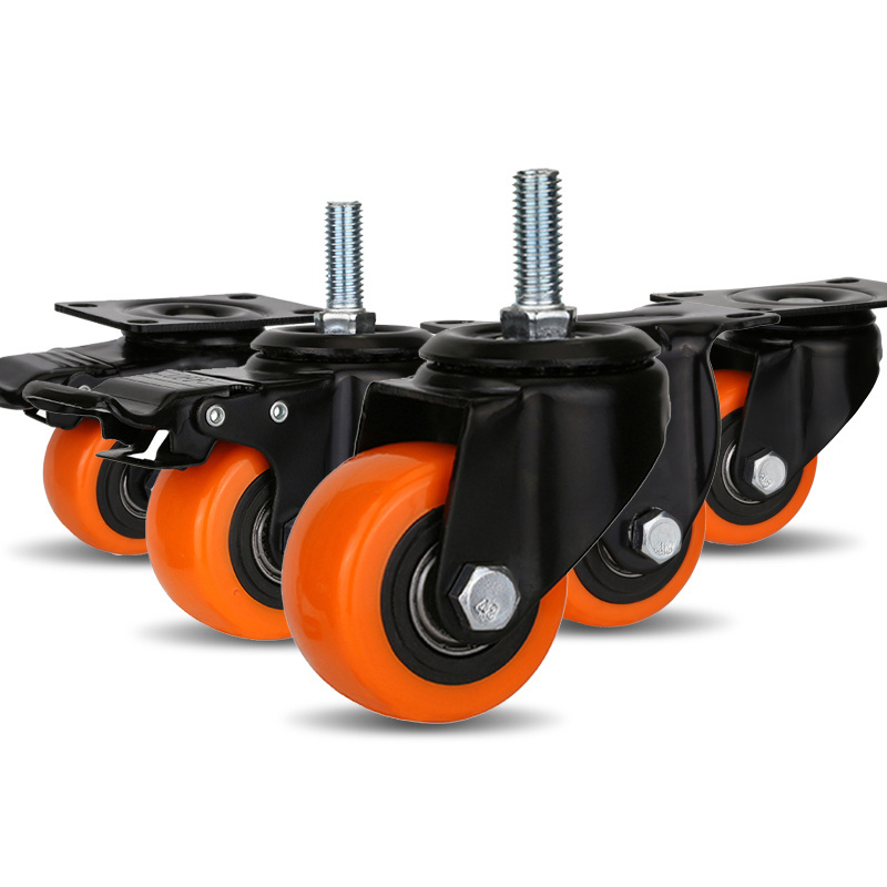 Rigid Mute Orange PU Bearing Universal Wheel Rotating Roller Workbench Brakes Black Core Light Duty Caster Wheels