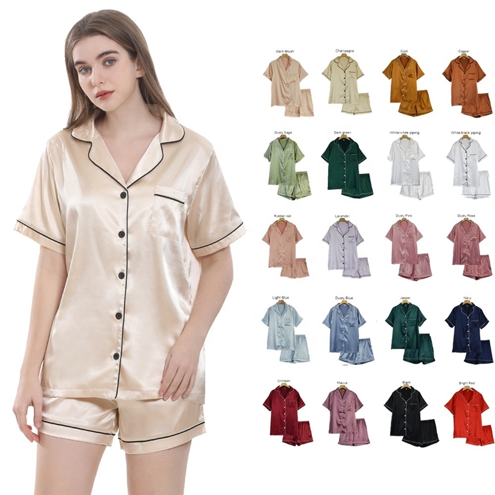 Wholesale Luxury High Quality Women's 2pcs Set Short Sleeves Trimmed Silk Satin Pajamas Loungewear