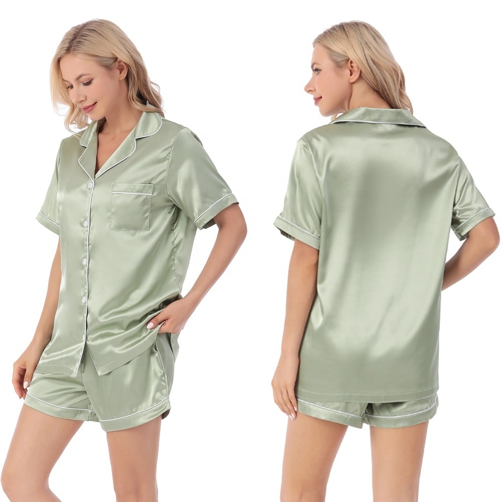 Wholesale Luxury High Quality Women's 2pcs Set Short Sleeves Trimmed Silk Satin Pajamas Loungewear