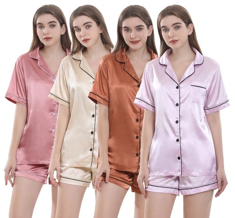 Wholesale Luxury High Quality Women's 2pcs Set Short Sleeves Trimmed Silk Satin Pajamas Loungewear