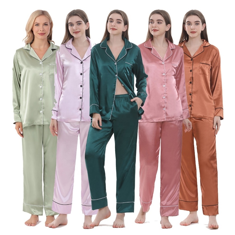 Wholesale Luxury High Quality Long Sleeves and Pants 2Pcs Set Satin Silk Women Pajamas Sleepwear