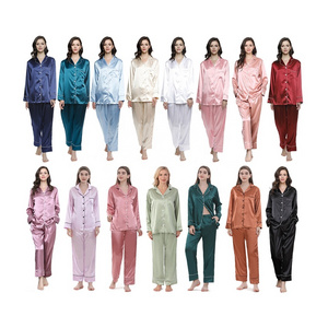 Wholesale Luxury High Quality Long Sleeves and Pants 2Pcs Set Satin Silk Women Pajamas Sleepwear