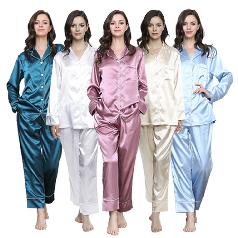 Wholesale Luxury High Quality Long Sleeves and Pants 2Pcs Set Satin Silk Women Pajamas Sleepwear