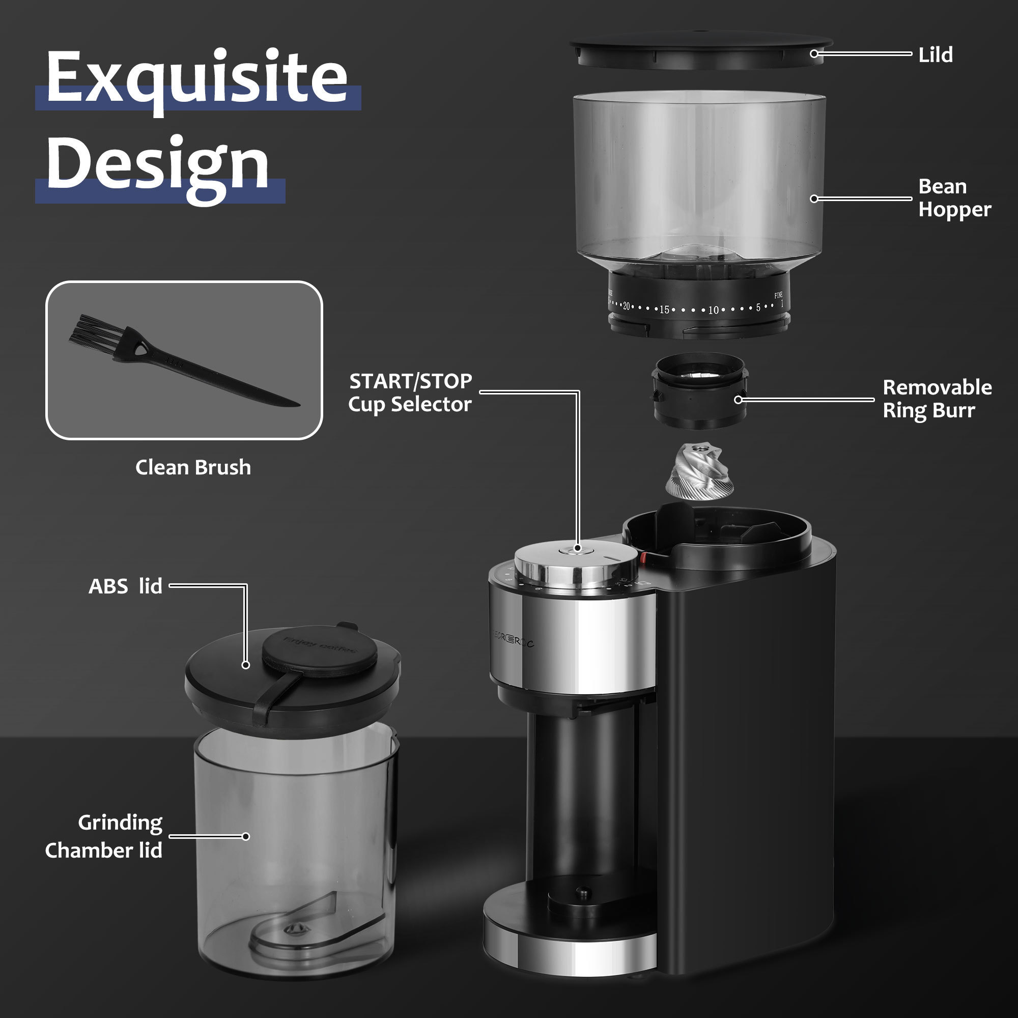 2024 Hot Selling Electric Burr Coffee Grinder Adjustable Burr Mill Coffee Bean Grinder with 25 Grind Settings