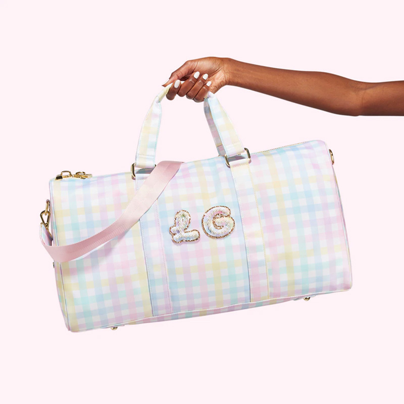 Gingham Weekender Bag Women Wholesale Luxury Sublimation Custom Logo Nylon Duffle Bag With Letter Patch