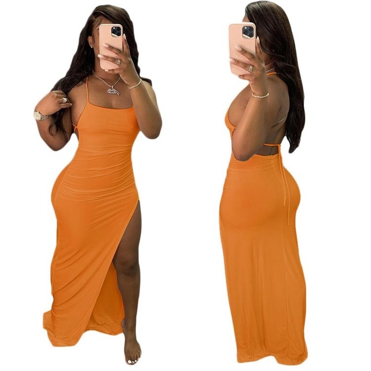 sundresses women summer 2023 Bodycon Sleeveless Lace Up Backless Dress Beach Solid Color Split Maxi Dresses summer bodycon dress