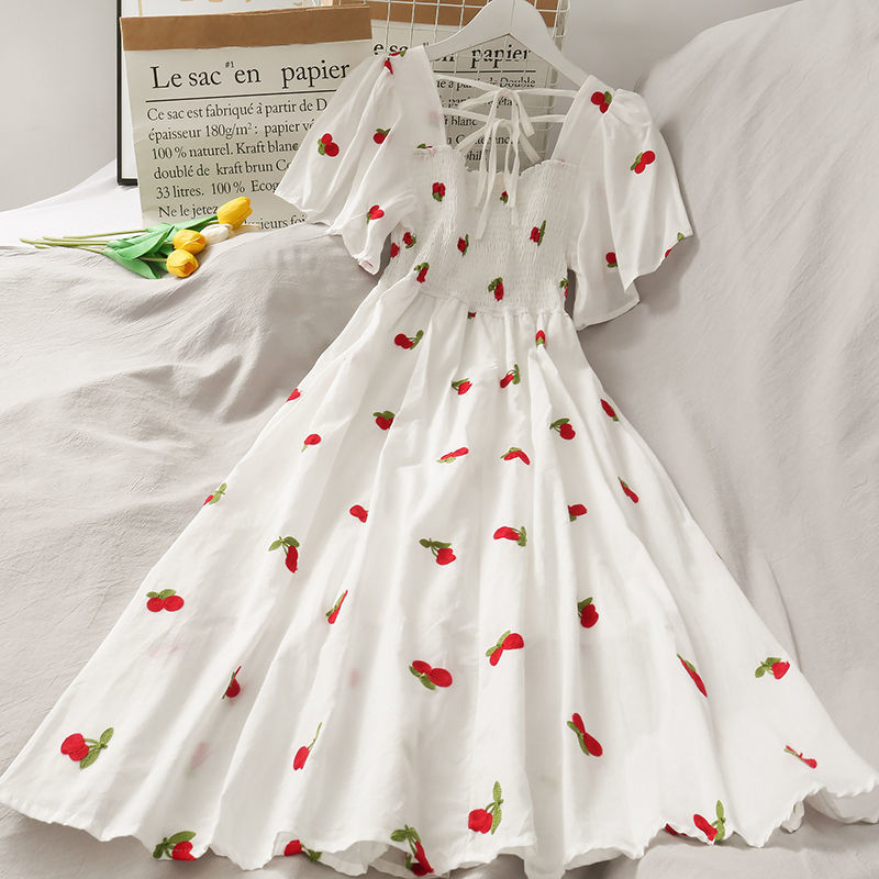 Summer Chiffon Women Dress Casual Strawberry Pineapple Printed A Line Dress Female Short Sleeve Back Lace Up Pleated Dresses