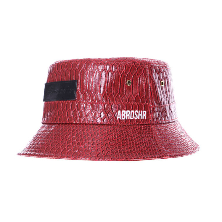 Qianzun factory red waterproof leather patch embossed your own logo custom pu leather bucket hat for women ladies