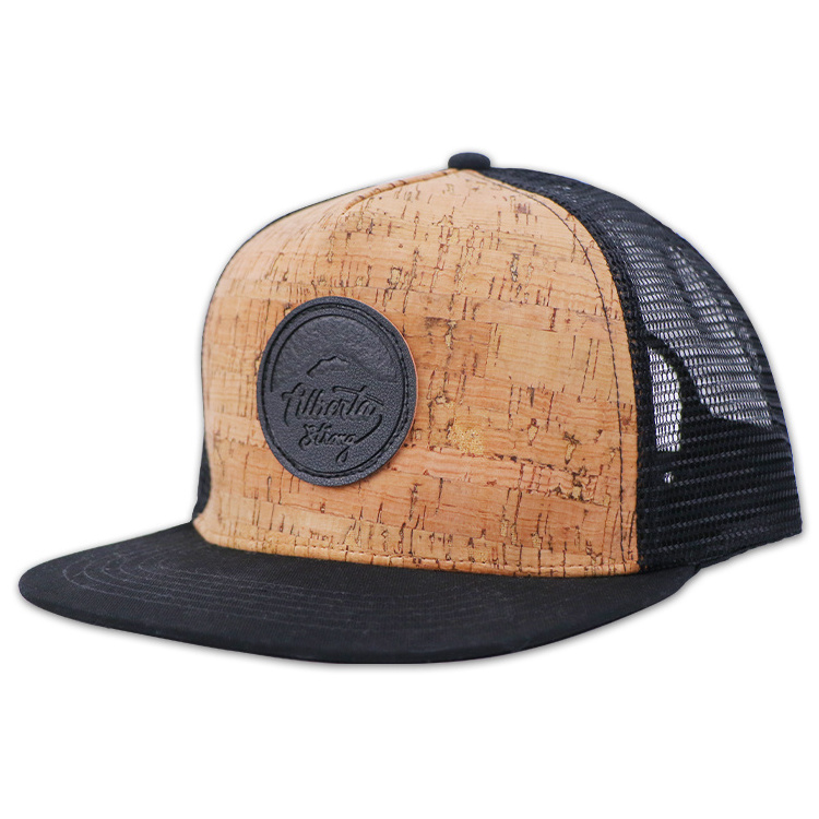 Custom Logo leather Patch Label Flat Brim 5 Panel wood cork custom Trucker Hat with leather patch