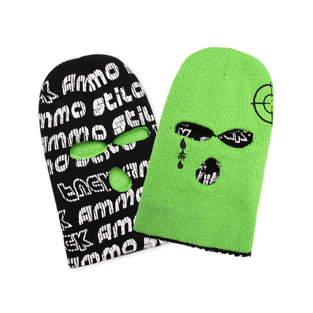 Qianzun winter black full face cover three hole knit balaclava 3 hole reversible custom printed ski mask