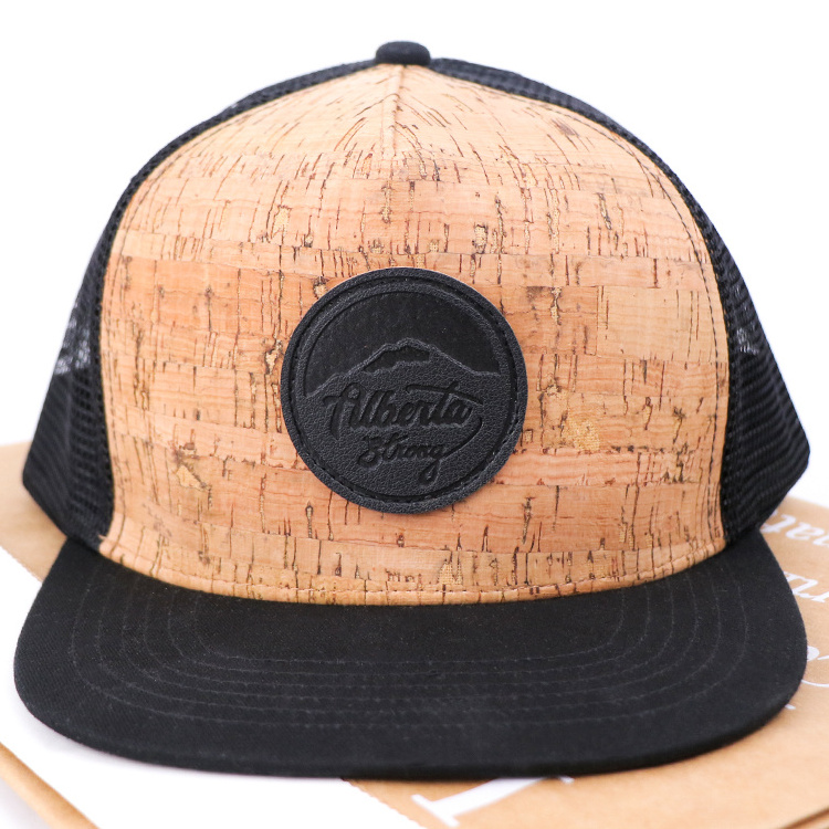 Custom Logo leather Patch Label Flat Brim 5 Panel wood cork custom Trucker Hat with leather patch