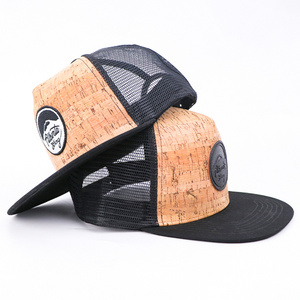 Custom Logo leather Patch Label Flat Brim 5 Panel wood cork custom Trucker Hat with leather patch