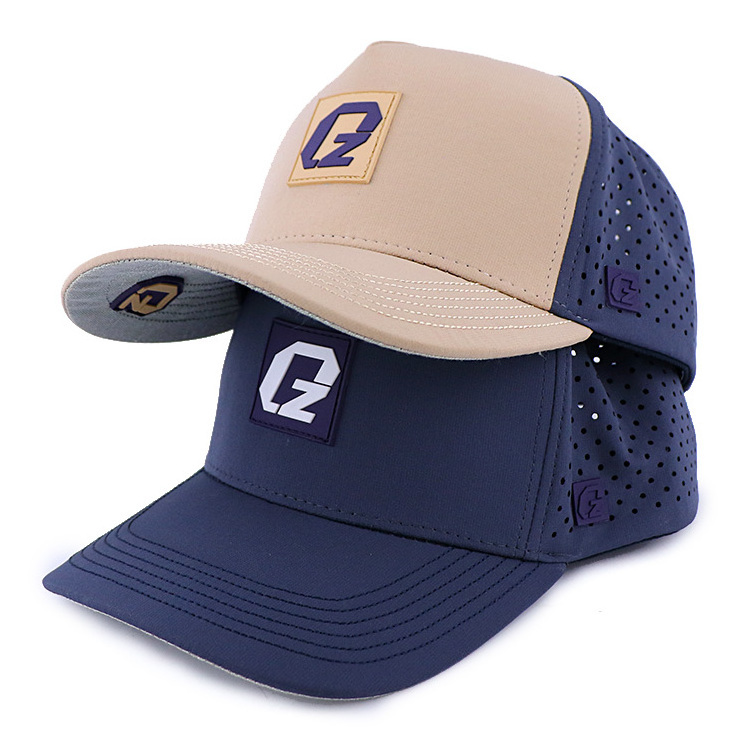 Qianzun rubber patch waterproof lightweight polyester performance perforated 5 panel laser cut baseball cap custom golf hat