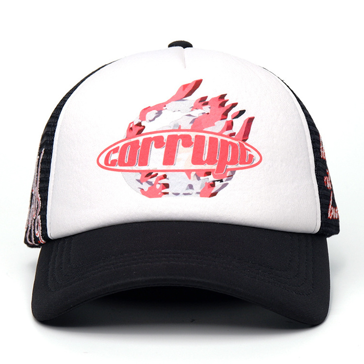 Custom Silk Screen Printed Logo 100 Polyester Truck Mesh Cap Foam 5 Panel Trucker Hat