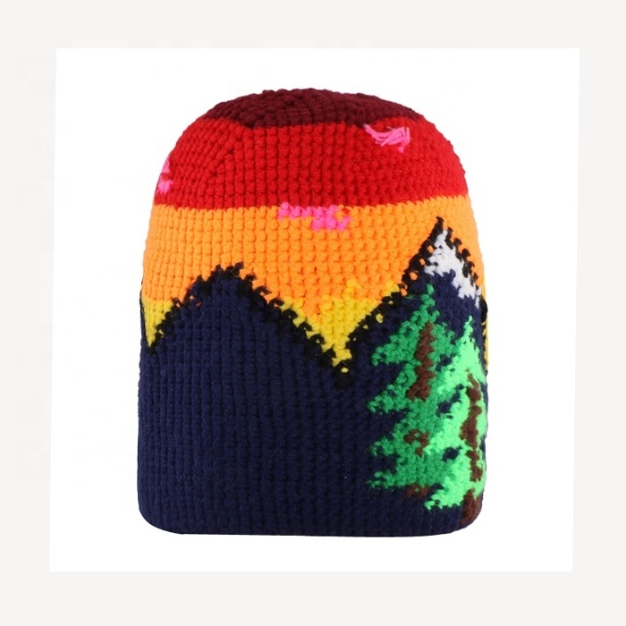 wholesale peaked cool cheap all over print winter long christmas knit beanies with custom