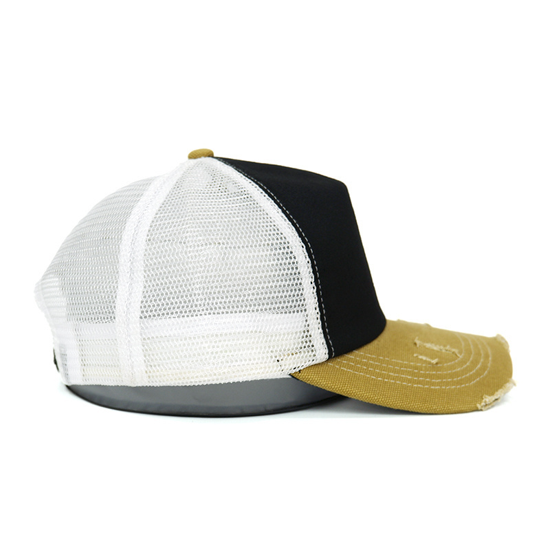 Qianzun Wholesale Unisex Multi-colored Two Tone 5 Panel Mesh Hats Distressed Snapback Blank Trucker Caps