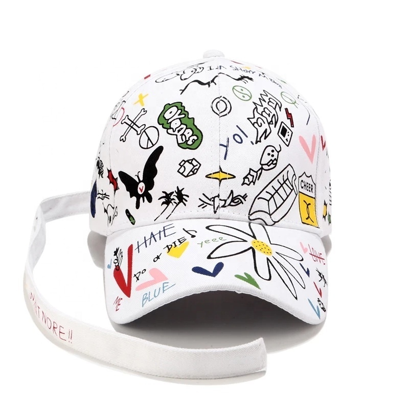 2022 Wholesale 6 Panel Cotton Unisex Fashion Printing Graffiti Hip Hop Baseball Caps For Men