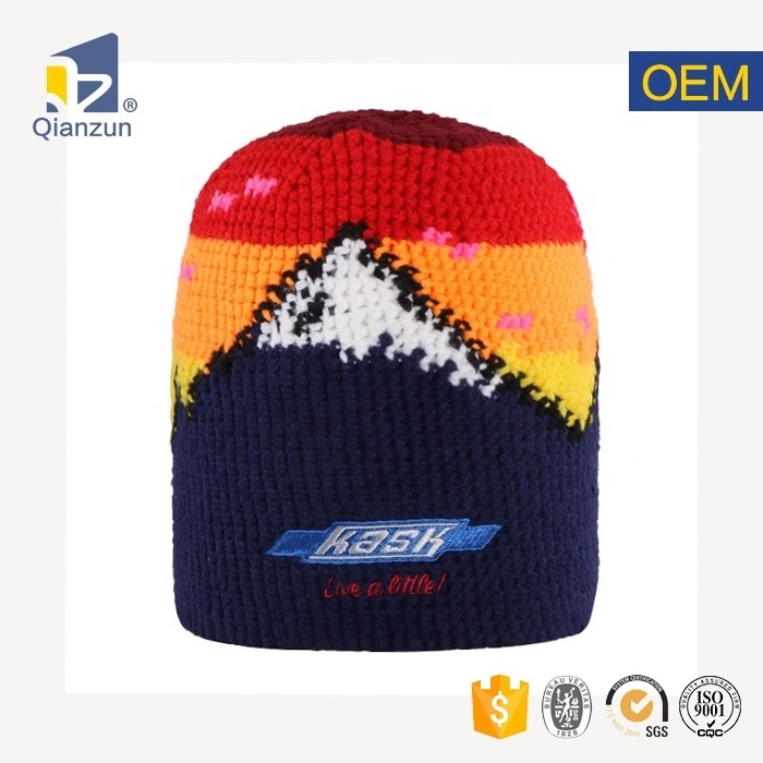 wholesale peaked cool cheap all over print winter long christmas knit beanies with custom