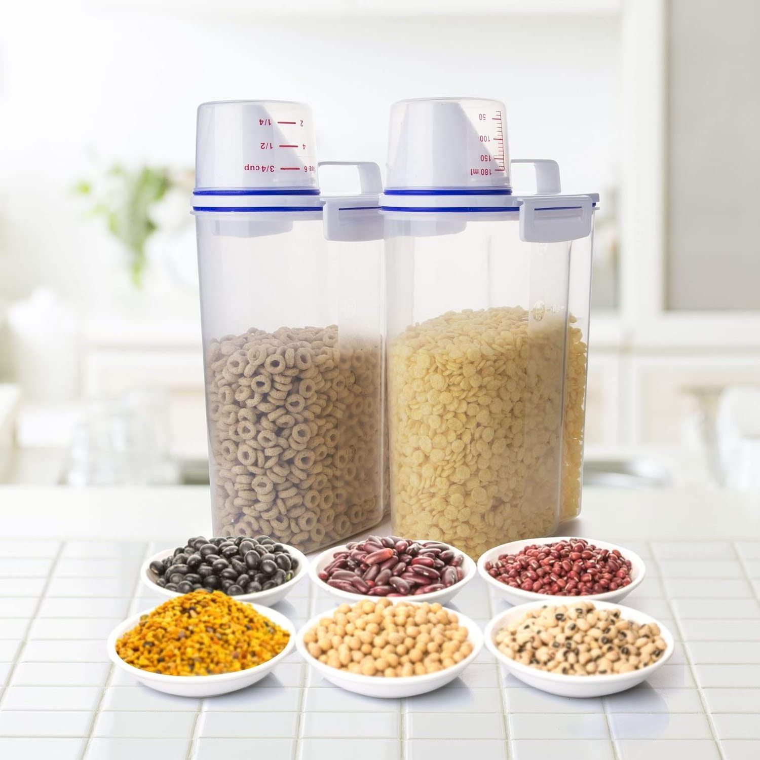 OEM/ODM Oatmeal container Oatmeal dispenser 2 pieces airtight design Rice storage  measuring cup 2kg capacity idea