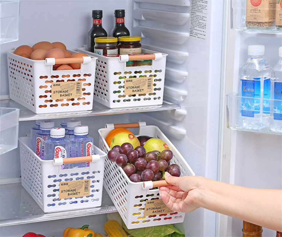 OEM/ODM Plastic Under Cabinet Hollow Storage Basket Organizer Bin with Wooden Handles Custom plastic mold