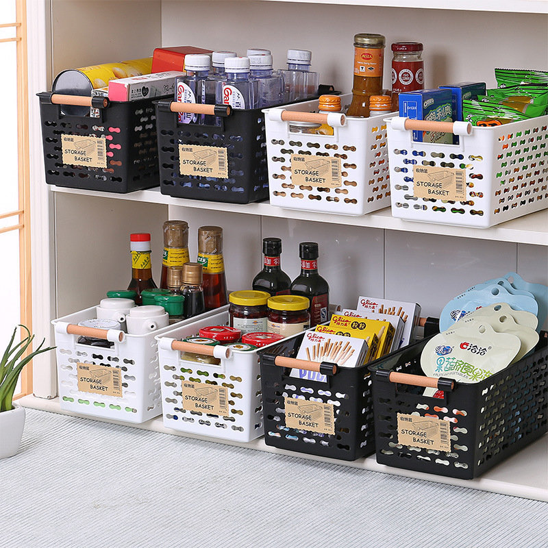 OEM/ODM Plastic Under Cabinet Hollow Storage Basket Organizer Bin with Wooden Handles Custom plastic mold