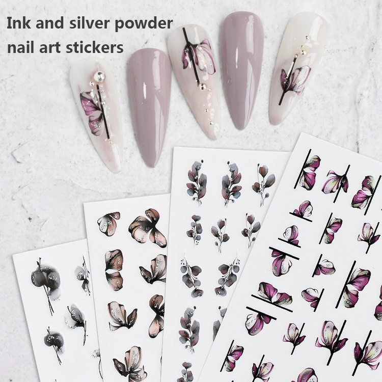 Silver Ink Flower Nail Enhancement Sticker Halo Dye Japanese Nail decal decoration