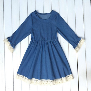 Drop Shipping 14 Years Small Girls Long Sleeve Party Wear Smart Casual Arabic African Baby Lace Kids Denim Dress