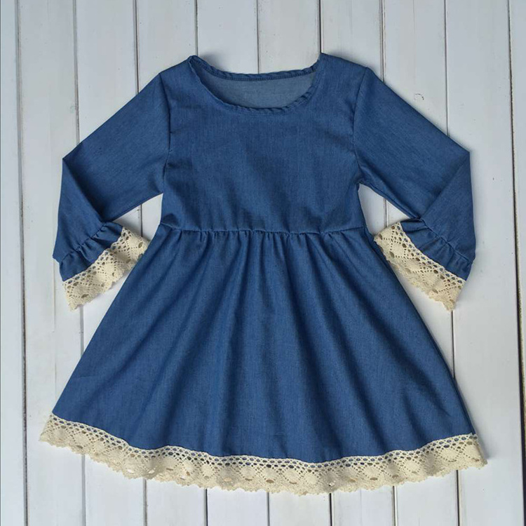 Drop Shipping 14 Years Small Girls Long Sleeve Party Wear Smart Casual Arabic African Baby Lace Kids Denim Dress