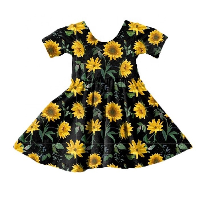 Print on demand Toddler Kids  Little Girls Flower Cotton Summer Autumn Casual Smocking Sunflower Fancy Dress