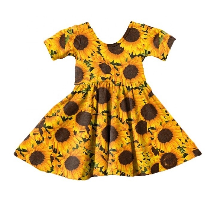 Print on demand Toddler Kids  Little Girls Flower Cotton Summer Autumn Casual Smocking Sunflower Fancy Dress