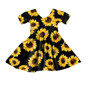 Print on demand Toddler Kids  Little Girls Flower Cotton Summer Autumn Casual Smocking Sunflower Fancy Dress