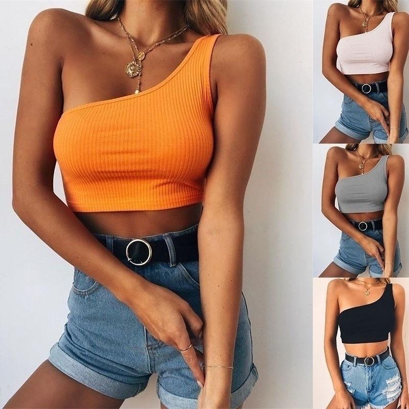 hot sale navel one shoulder halter ribbed solid color skinny stylish bare midriff straps tank cropped tops women