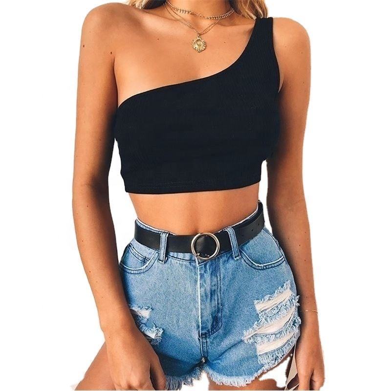 hot sale navel one shoulder halter ribbed solid color skinny stylish bare midriff straps tank cropped tops women