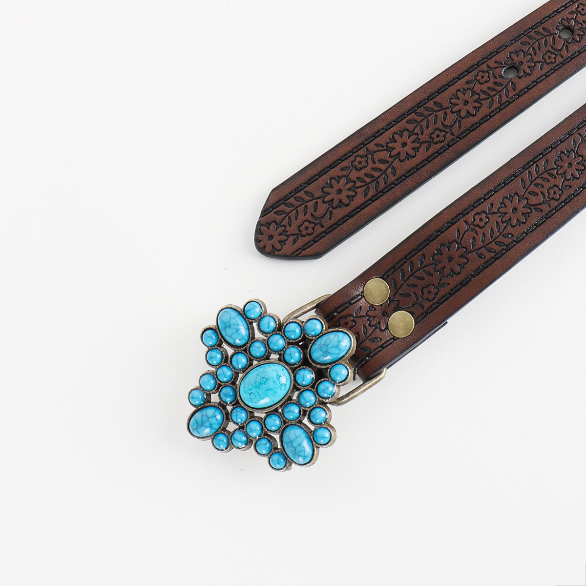 Manufacturer Wholesale Vintage Bohemian Belt Southwestern Cowgirl Carved Flower Turquoise buckle Belts Female