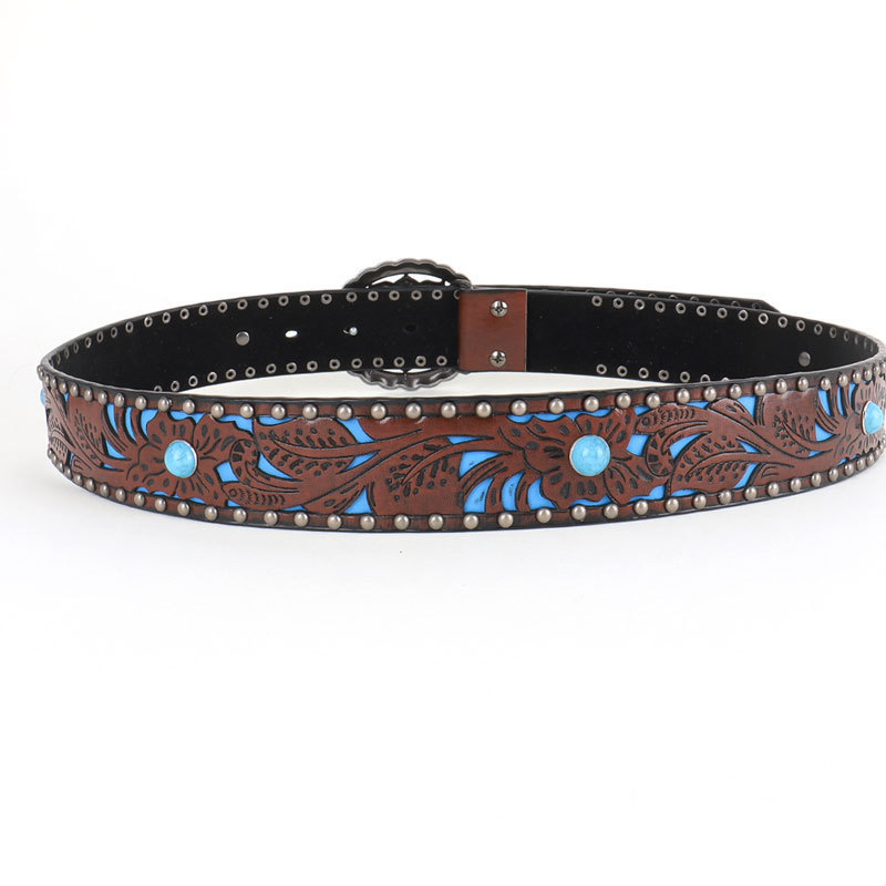 Factory OEM Western Style Embossed Carving Turquoise Studded Rhinestone Designer Belt women's  PU Leather Vintage Dress Belt