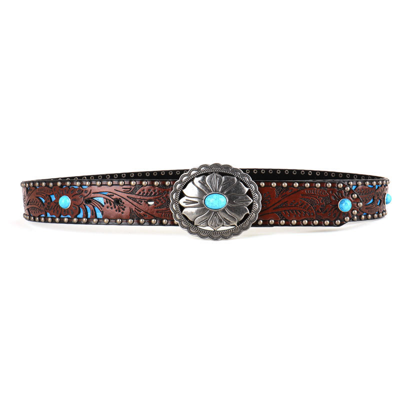 Factory OEM Western Style Embossed Carving Turquoise Studded Rhinestone Designer Belt women's  PU Leather Vintage Dress Belt