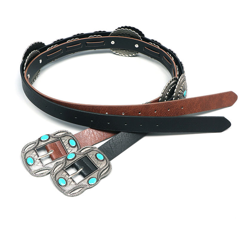 Custom Women's Bohemian ins Western Belt Antique Copper Concho Turquoise Stone Studded PU Leather Belt