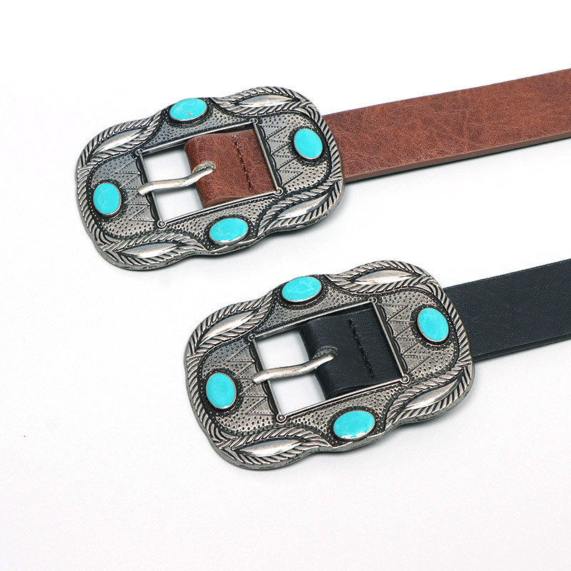 Custom Women's Bohemian ins Western Belt Antique Copper Concho Turquoise Stone Studded PU Leather Belt