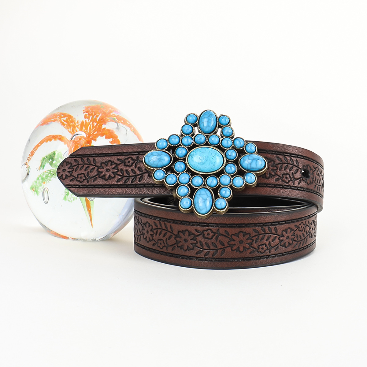 Manufacturer Wholesale Vintage Bohemian Belt Southwestern Cowgirl Carved Flower Turquoise buckle Belts Female