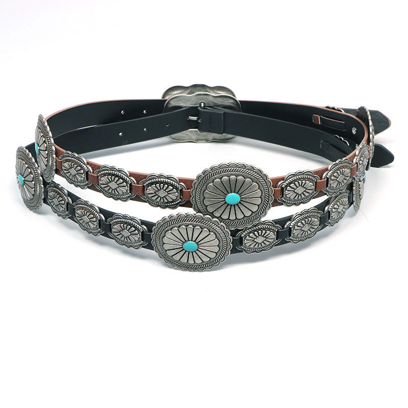 Custom Women's Bohemian ins Western Belt Antique Copper Concho Turquoise Stone Studded PU Leather Belt