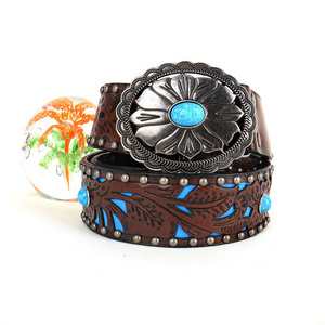 Factory OEM Western Style Embossed Carving Turquoise Studded Rhinestone Designer Belt women's  PU Leather Vintage Dress Belt