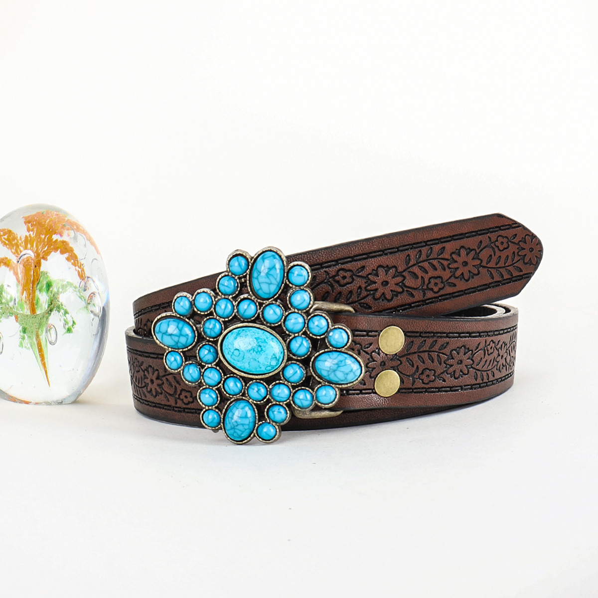 Manufacturer Wholesale Vintage Bohemian Belt Southwestern Cowgirl Carved Flower Turquoise buckle Belts Female