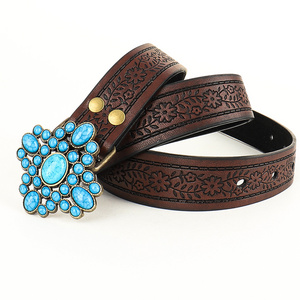 Manufacturer Wholesale Vintage Bohemian Belt Southwestern Cowgirl Carved Flower Turquoise buckle Belts Female