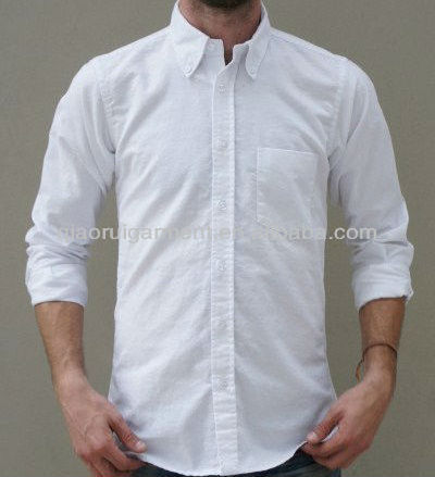 Mens white button down collar oxford dress cotton shirt man with one chest pocket