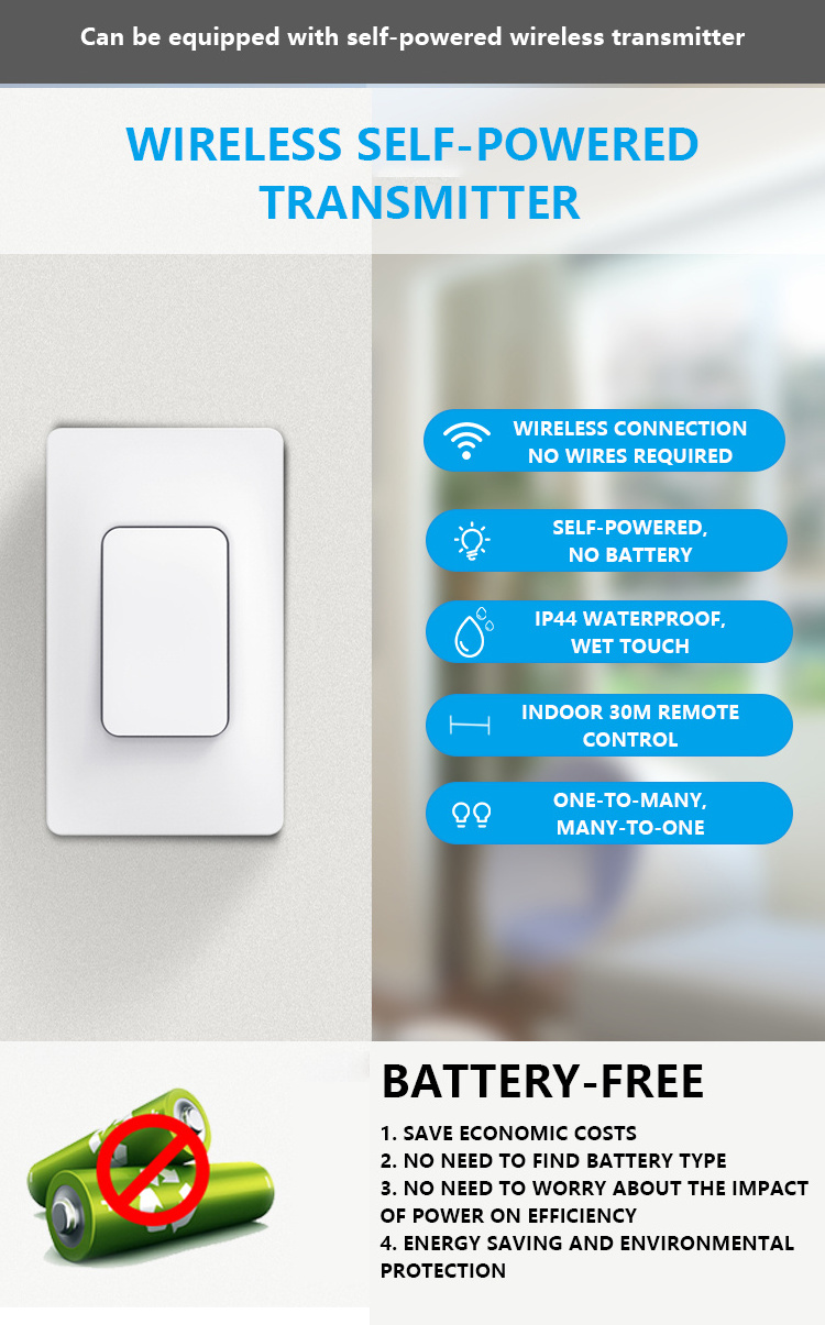 RF433 Wifi  Kinetic Switch and Receiver No Battery Require Remote Control Switches 110 V Waterproof Smart Switch Module