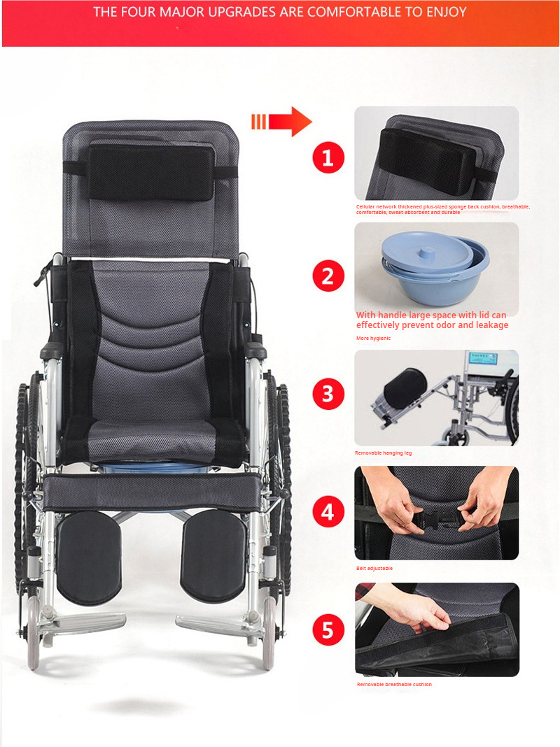 Medical Rehabilitation Nursing Manual Lift Seat Disability Assistance Vehicle Manual Reclining Commode Wheelchair with bedpan